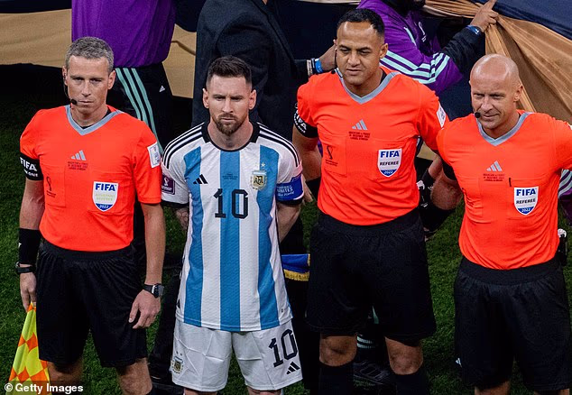 Ismail Elfath (centre right) will referee England's World Cup semi-final clash with Argentina on Wednesday. Pictured with Lionel Messi when he was fourth official at the 2022 World Cup final