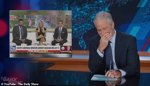 Jon Stewart erupted into a fit of laughter over a Fox & Friends clip that showed how a host unsuccessfully tried to stop President Donald Trump from ranting during a Lindsey Graham 'tribute' segment