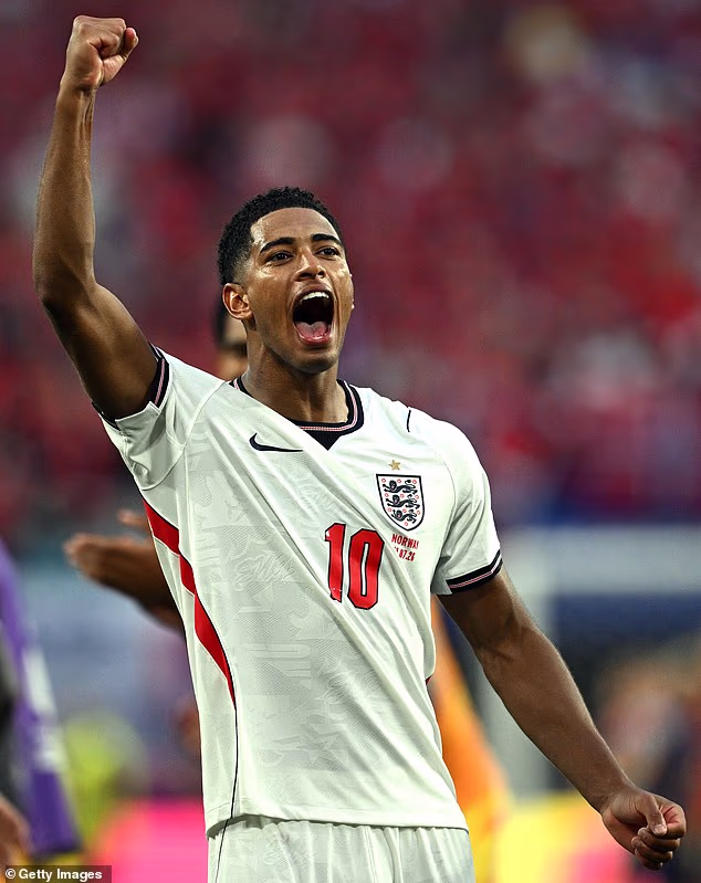 Jude Bellingham of England celebrates during the FIFA World Cup 2026 Quarter Final match between Norway and England at Miami Stadium on July 11
