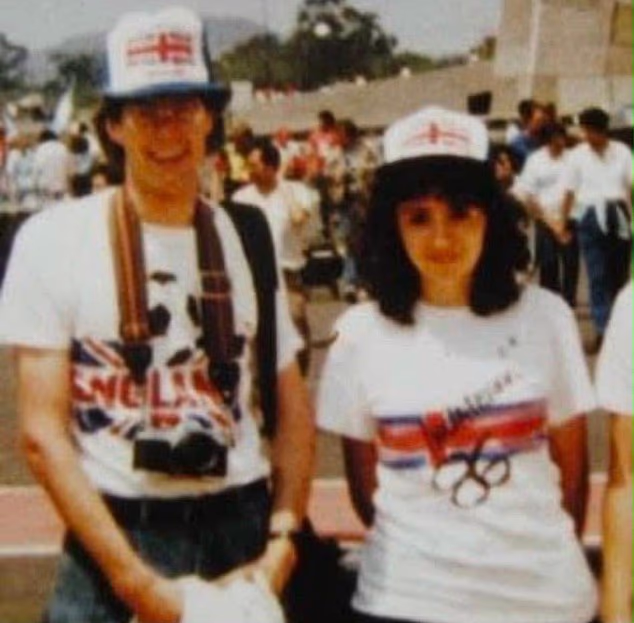 Ollie Craxton, then 28, from Ealing, west London, and Sofia Larrinua, then 21, from Mexico City, were seated next to each other at the 1986 Mexico World Cup quarter-final – and the romance of a lifetime soon unfolded. Pictured: Ollie and Sofia at the 1986 match