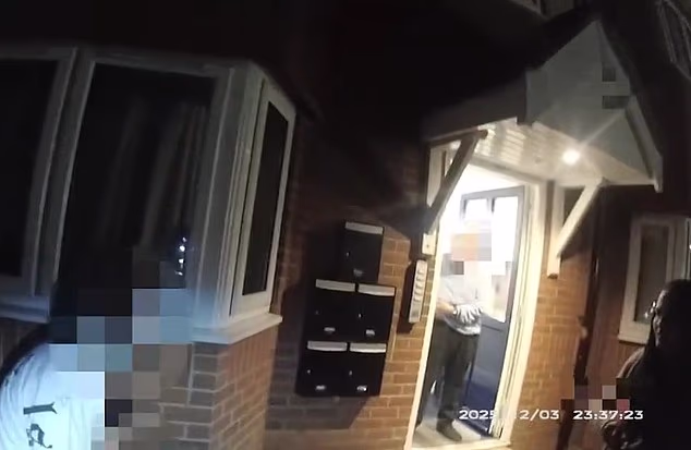 Vickrum Digwa's mother Kaur (seen far right) and father Moga Singh (in the doorway) at the scene when the killer secretly told his mother to take the dagger home