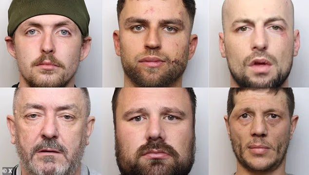 Clockwise starting top left: Franklin O’Dwyer, 25, Altan O’Connell, 27, Luke McInerney, 31, Nicholas O’Dwyer, 56, Dwain Stratford, 35, and Karl Houghton, 36, all from Swindon, were sentenced to a combined 49 years at Exeter Crown Court this week