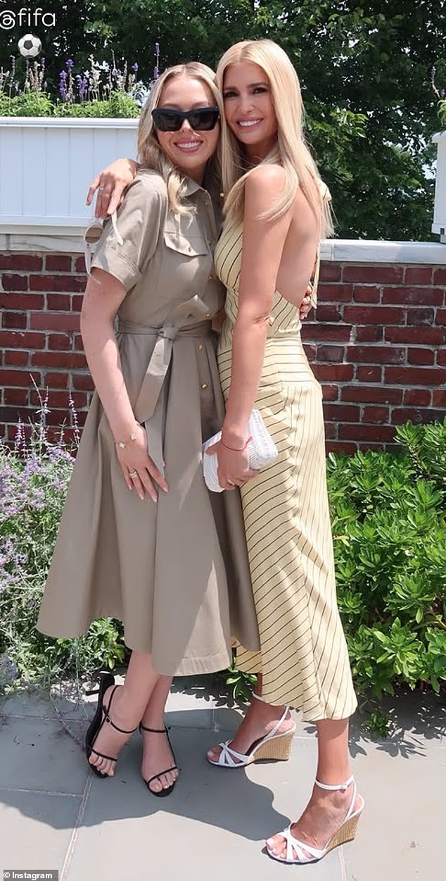 Ivanka Trump and Tiffany Trump looked chic as they headed to the World Cup final on Sunday. Ivanka opted for a stripped haltered gown that left her toned shoulders on full display, while Tiffany donned a tan button-down collared dress