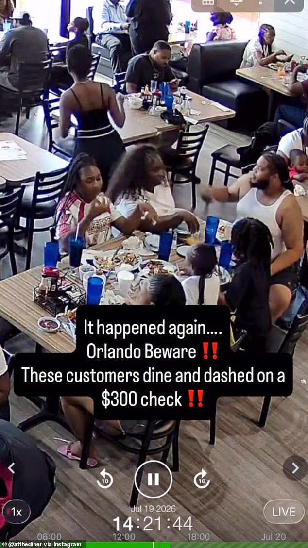A family of seven were apparently caught on surveillance footage eating $300 worth of food before leaving without paying at @ The Diner in Orlando, Florida, on Sunday
