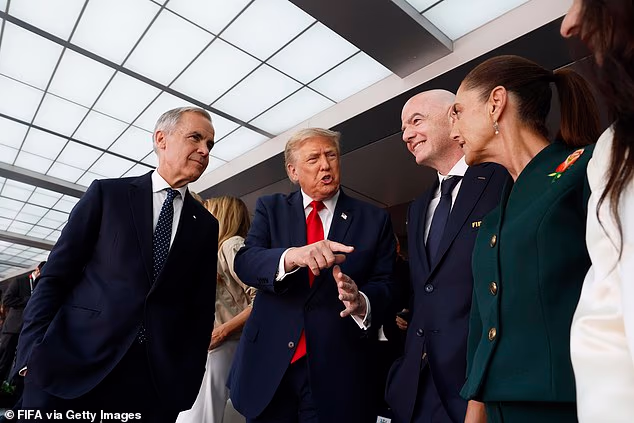 Donald Trump followed revived his trade war with Canada , slapping a 50 percent tariff on America's neighbors to the north for most Canadian goods. Pictured: Trump with Canadian Prime Minister Mark Carney at the World Cup final Sunday