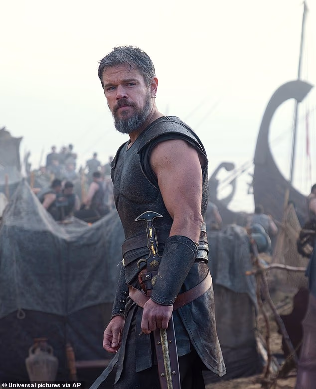 Matt Damon, 55, has revealed that a female stunt double was behind one of his bicep shots as Odysseus in Christopher Nolan's epic adaptation of The Odyssey; Damon seen in a still