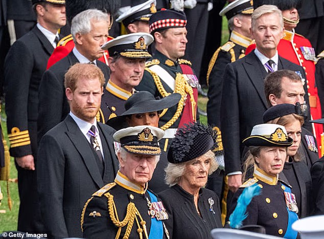 Sir Clive Alderton (top right) is pictured at the late Queen Elizabeth II's funeral as Her Majesty's coffin is carried by gun carriage to Wellington Arch from Westminster Abbey -- September, 2022