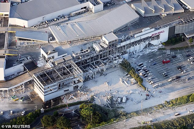 An aerial view shows the damaged Aeon Mall shopping centre after an earthquake with a preliminary magnitude of 7.1 struck Japan's southern Kumamoto prefecture