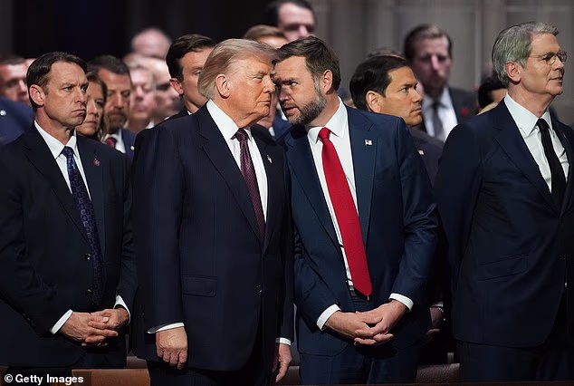 President Donald Trump speaks with Vice President JD Vance before delivering his eulogy at a memorial service at the National Cathedral for the late Republican Senator Lindsey Graham