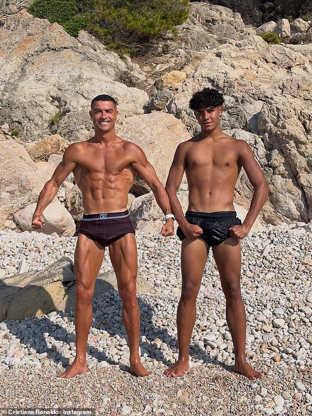 Cristiano Ronaldo and his lookalike son posed for a playful snap on the beach as rumours swirl that the footballer is set to marry Georgina Rodríguez this weekend