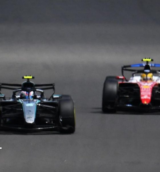 Mercedes' Kimi Antonelli ahead of Ferrari's Lewis Hamilton in the British Grand Prix sprint race
