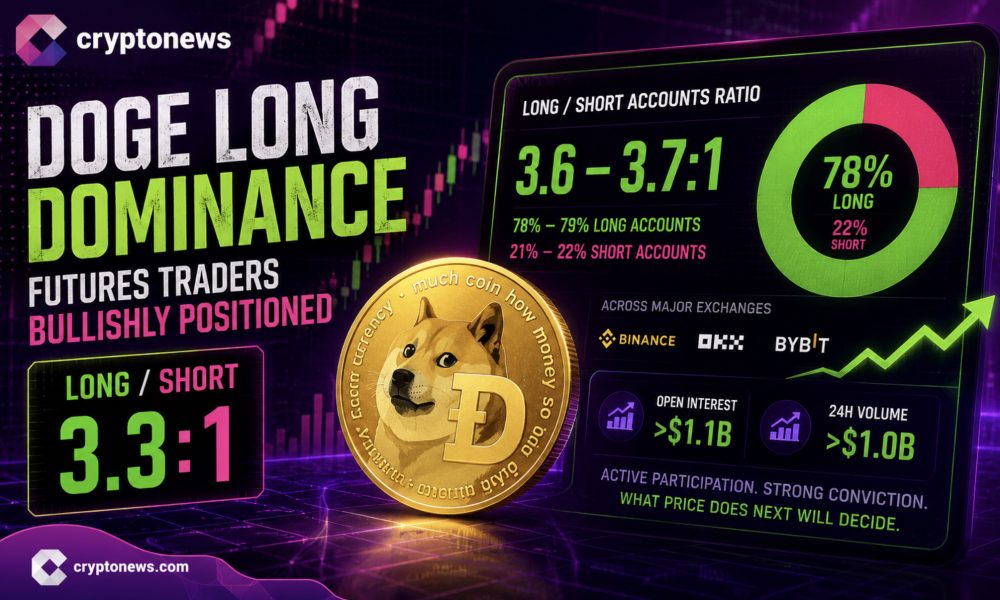Dogecoin is trading near $0.07, but futures traders remain heavily positioned on the long side, leaving bears badly outnumbered.