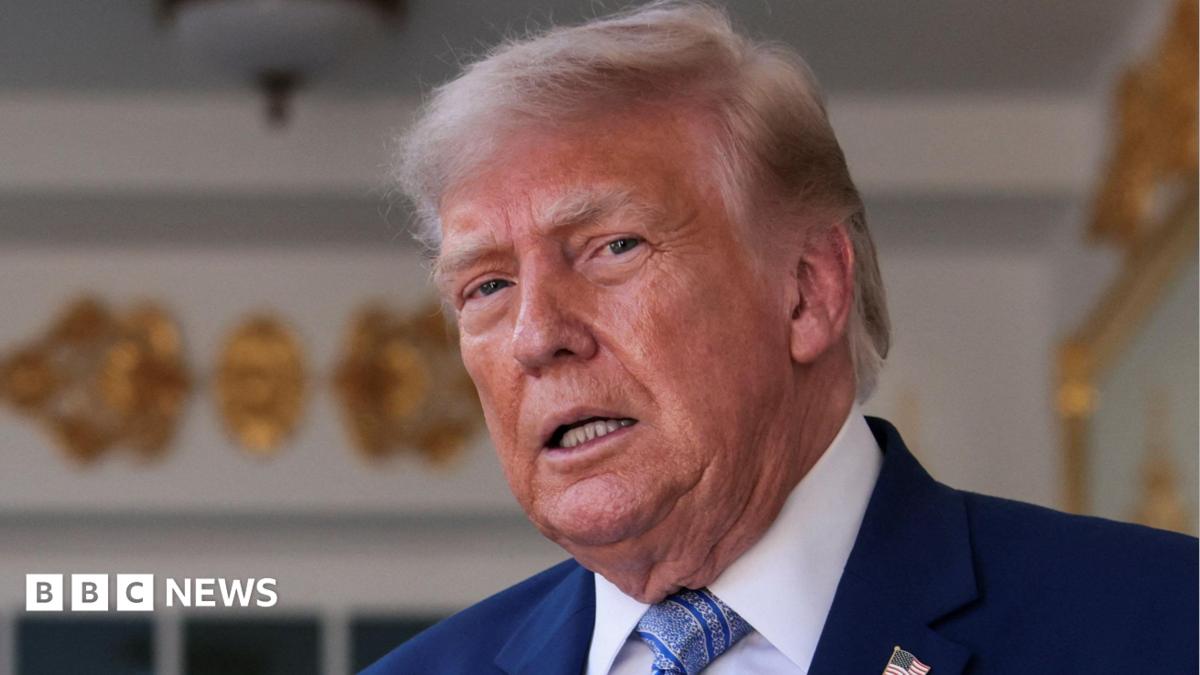 US President Donald Trump speaking in front of a White House entrance, wearing a blue suit and tie.