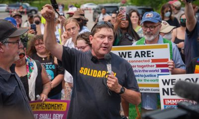 Troy Jackson, Democratic candidate for U.S. Senate, speaks during a demonstration outside of a federal immigration office on July 14, 2026, in Scarborough, Maine.