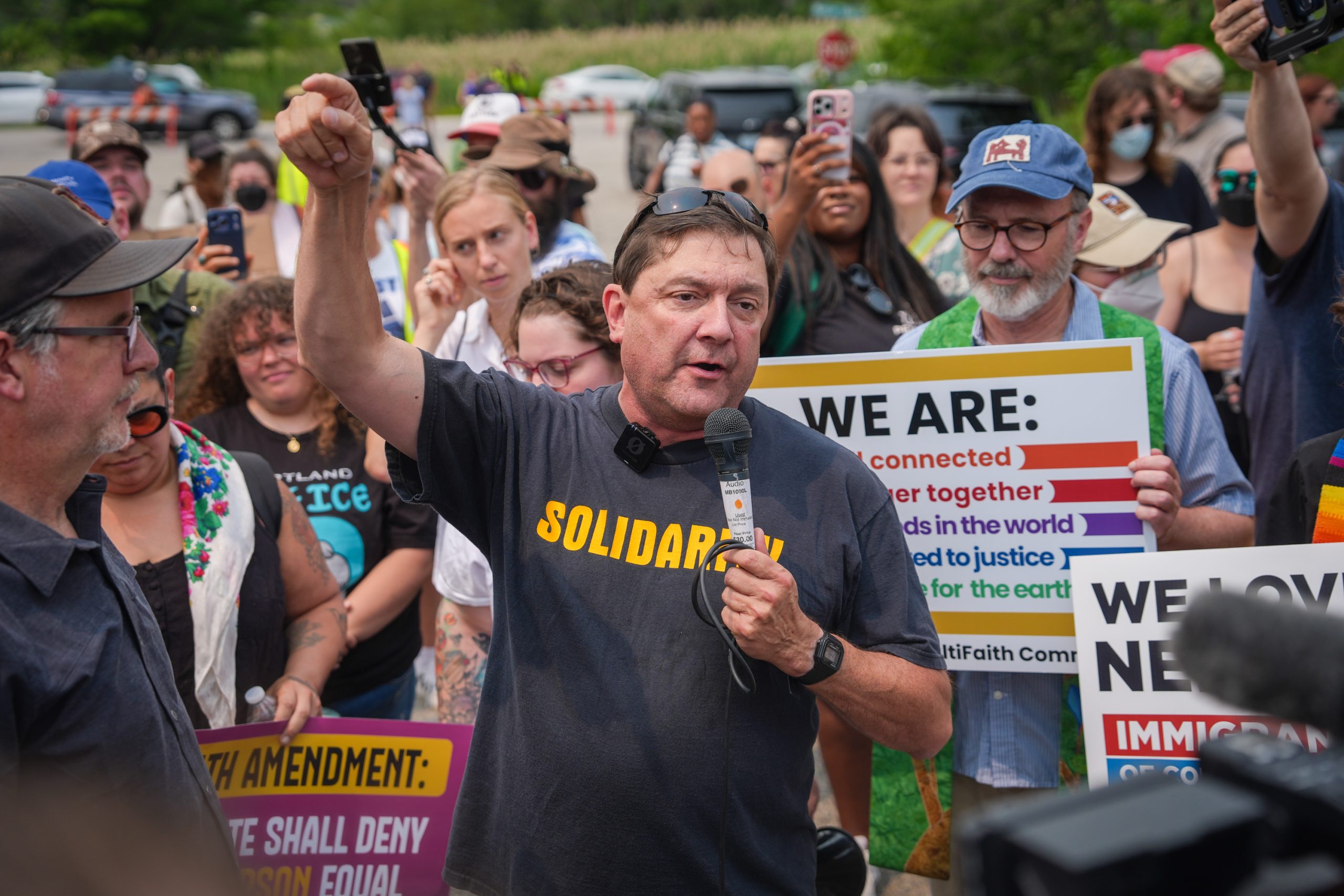 Troy Jackson, Democratic candidate for U.S. Senate, speaks during a demonstration outside of a federal immigration office on July 14, 2026, in Scarborough, Maine.