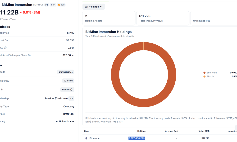 Bitmine Ethereum Holdings. Source: Coingecko