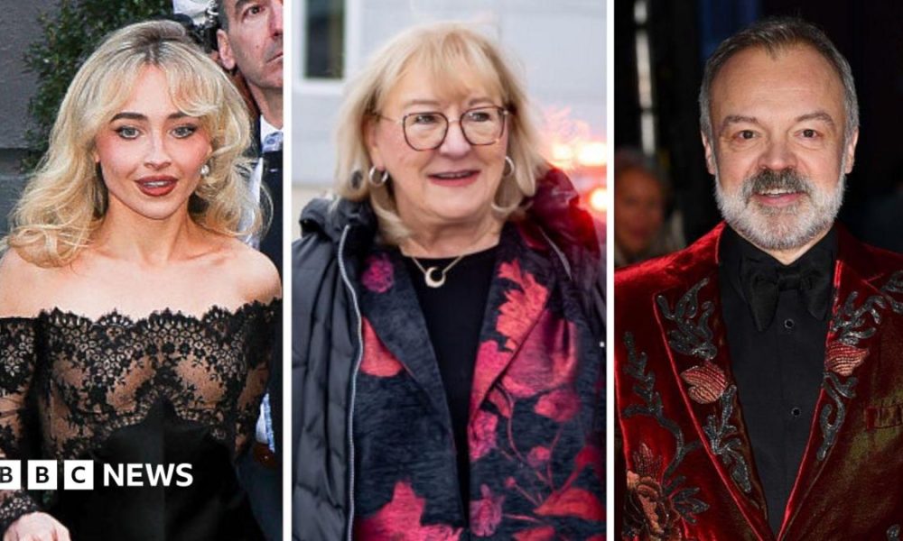 A composite image showing Sabrina Carpenter, Donna Kelce and Graham Norton