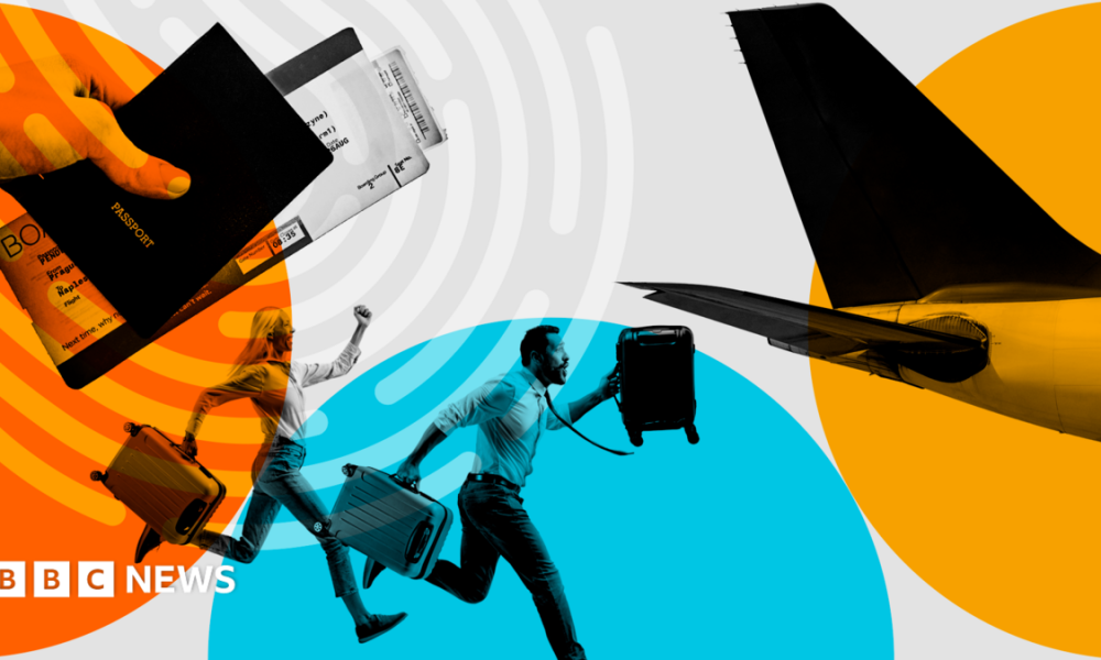 A colourful graphic showing a plane, passport and fingerprint and a man and woman carrying suitcases and running