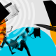 A colourful graphic showing a plane, passport and fingerprint and a man and woman carrying suitcases and running