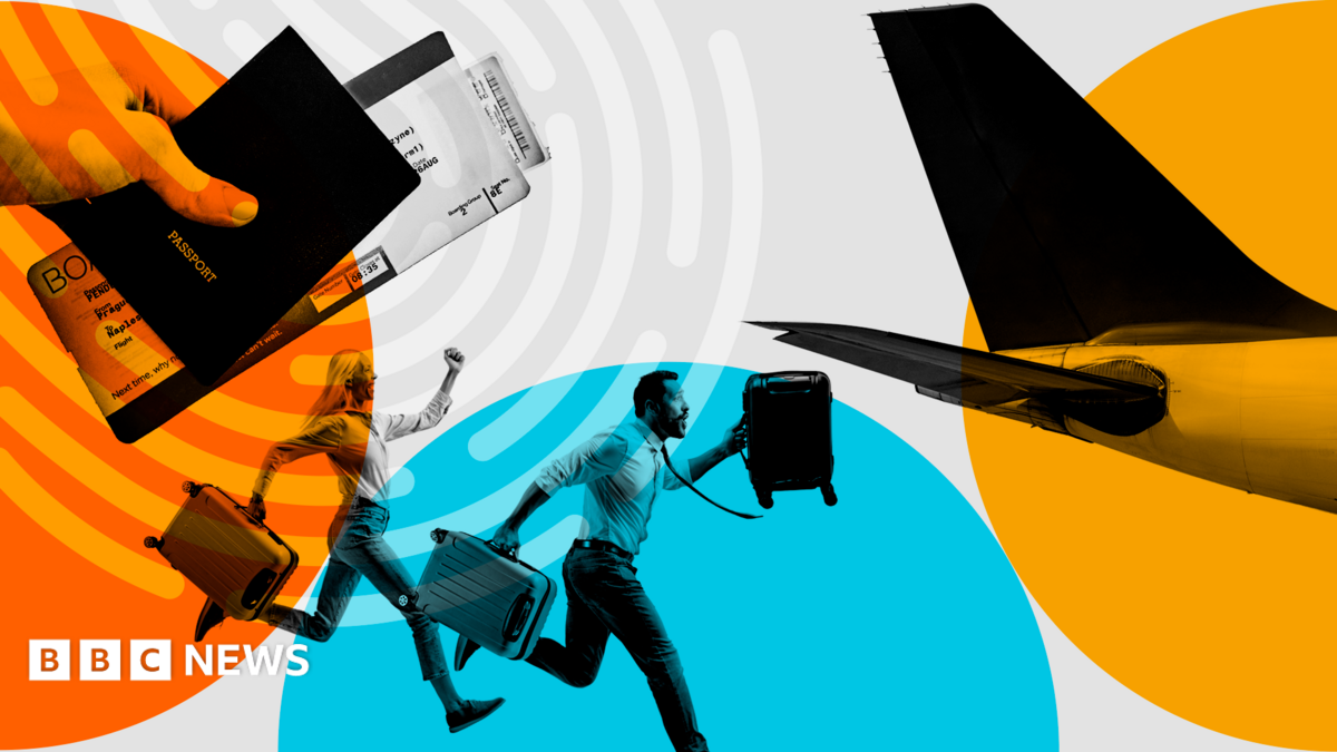 A colourful graphic showing a plane, passport and fingerprint and a man and woman carrying suitcases and running