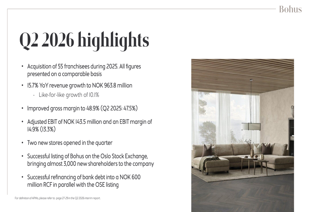 Bohus Q2 2026 slides: Norway’s top furniture retailer posts 15.7% growth