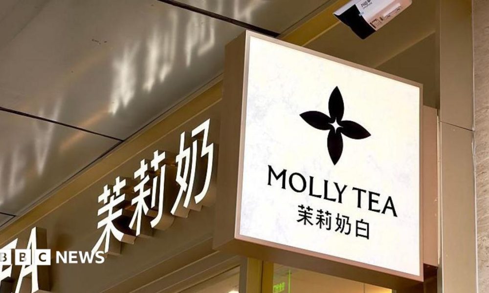 A view of Molly Tea's four-petal flower logo on a sign hanging on the sign of one of the brand's shops.