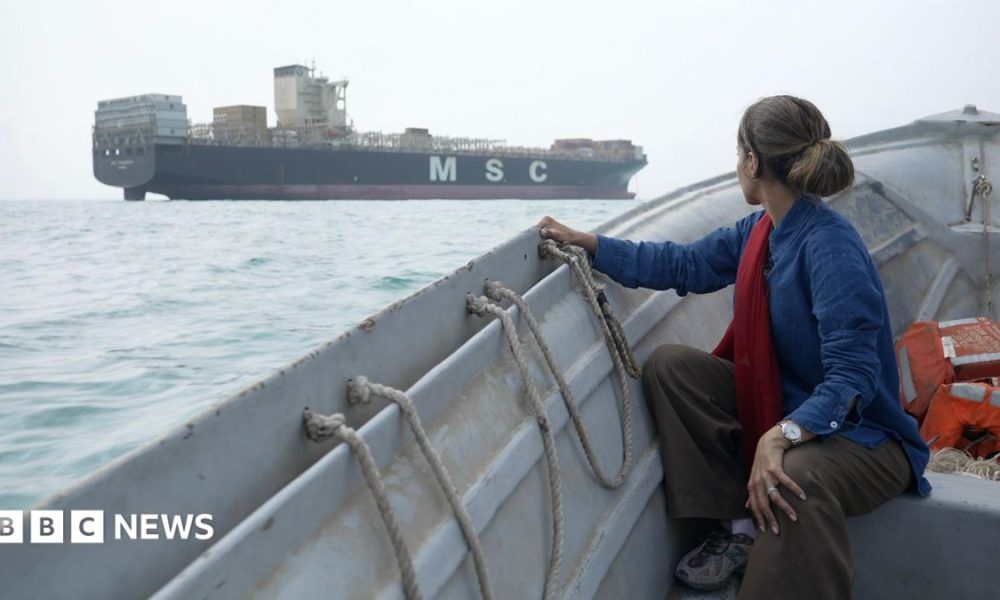 A woman sits in a small grey boat looking at a large cargo ship on the sea with the letters MSC written in white on its side. Her long, dark hair is tied up and she is wearing a blue top. There are some orange life jackets behind her.