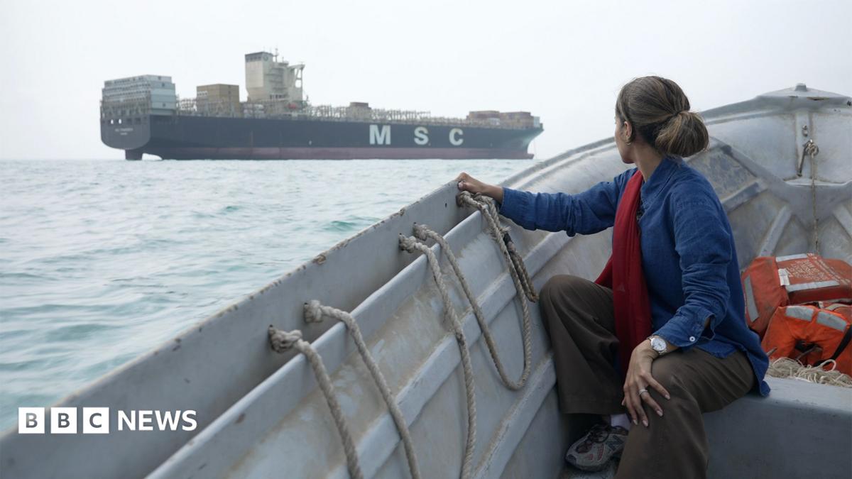 A woman sits in a small grey boat looking at a large cargo ship on the sea with the letters MSC written in white on its side. Her long, dark hair is tied up and she is wearing a blue top. There are some orange life jackets behind her.
