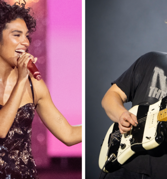 Picture of Olivia Dean on the left set against a pink backdrop, performing in a sparkly black dress with a composite of Sam Fender to the right in a black t-shirt with a black and white striped guitar.