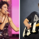 Picture of Olivia Dean on the left set against a pink backdrop, performing in a sparkly black dress with a composite of Sam Fender to the right in a black t-shirt with a black and white striped guitar.