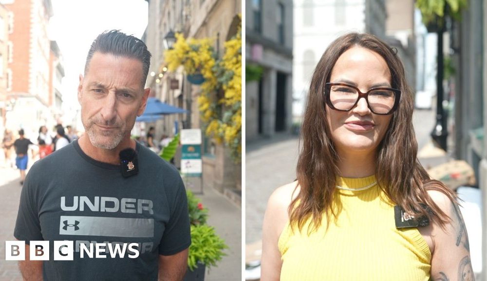 A split screen of a man wearing an under armour t-shirt on the left and a woman wearing a yellow vest on the right