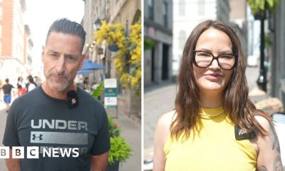 A split screen of a man wearing an under armour t-shirt on the left and a woman wearing a yellow vest on the right