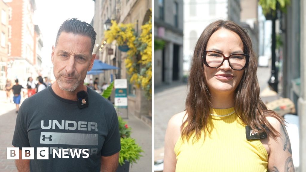 A split screen of a man wearing an under armour t-shirt on the left and a woman wearing a yellow vest on the right