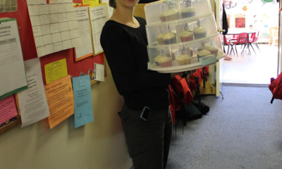 The author delivering allergy-friendly cupcakes to her son's preschool class in 2015.