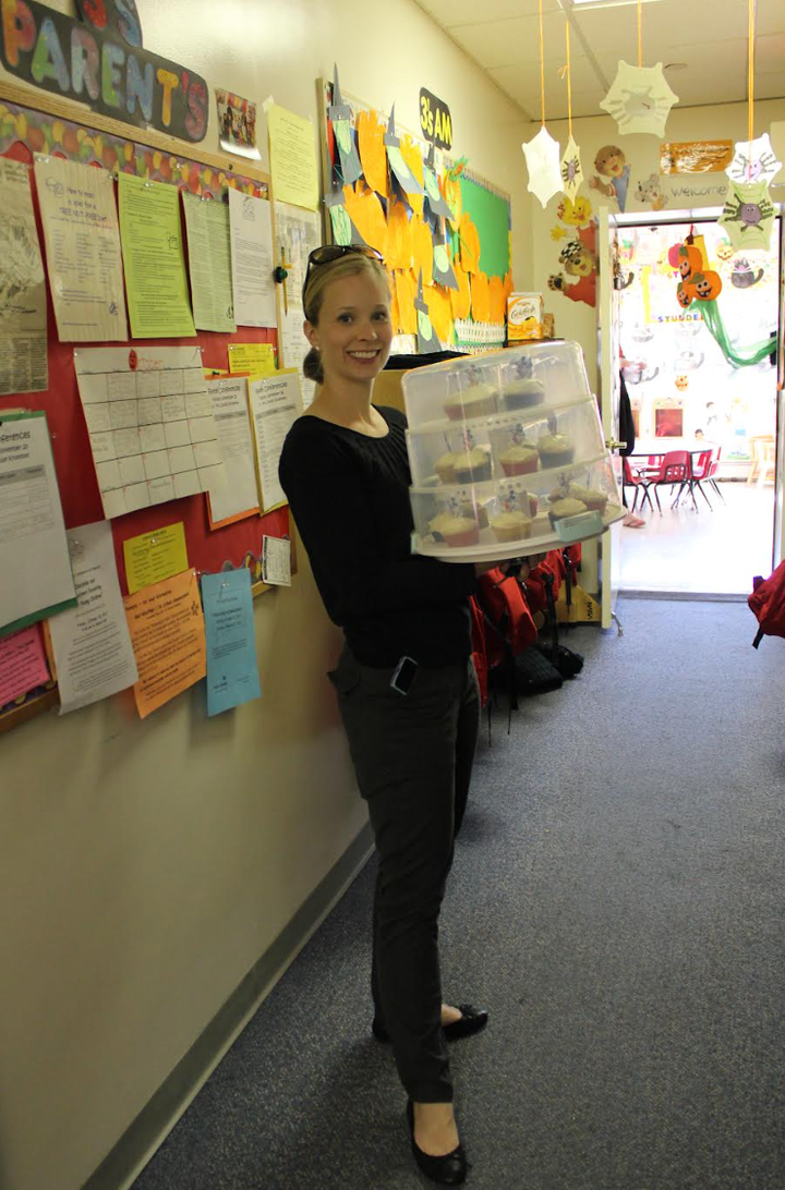 The author delivering allergy-friendly cupcakes to her son's preschool class in 2015.