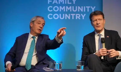 Reform UK leader Nigel Farage, left, and deputy leader Richard Tice attend a press conference on the economy and renewable energy, in London, Wednesday, Feb. 12, 2025.