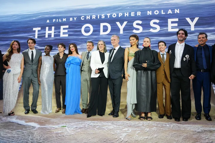 Christopher Nolan with the cast of The Odyssey at the film's London premiere