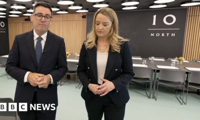 Andy Burnham and Laura Kuenssberg walking in an office with '10 North' written on a signbehind them