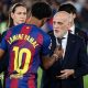 Lamine Yamal of Barcelona shakes hands with Javier Tebas, the president of La Liga