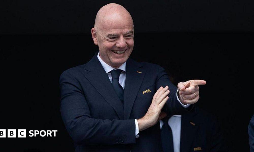FIFA president Gianni Infantino points during to the FIFA World Cup 2026 Group I match between France and Iraq.