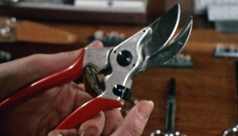 Close up of a pair of left-handed secateurs with red handles.
