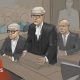 Courtroom sketch showing a legal hearing in progress. A judge in a red robe is seen from behind in the foreground, facing several barristers wearing traditional black robes, white neck bands, and white wigs. One barrister stands at a lectern addressing the court while others are seated nearby. Robert Bush is seated behind a glass partition and other figures are in the public gallery. The image is rendered in a muted palette of grey, brown, and black tones, with the judge’s bright red robe providing a strong visual focal point.