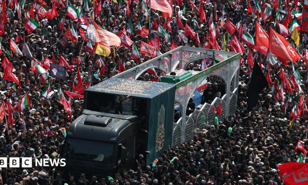 Iranians take part in the funeral procession for the late Iranian Supreme Leader Ayatollah Ali Khamenei in Tehran, Iran (6 July 2026)