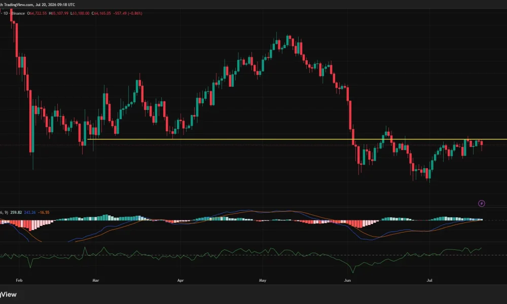 Bitcoin daily chart shows BTC struggling below $65,047 resistance as MACD momentum weakens.
