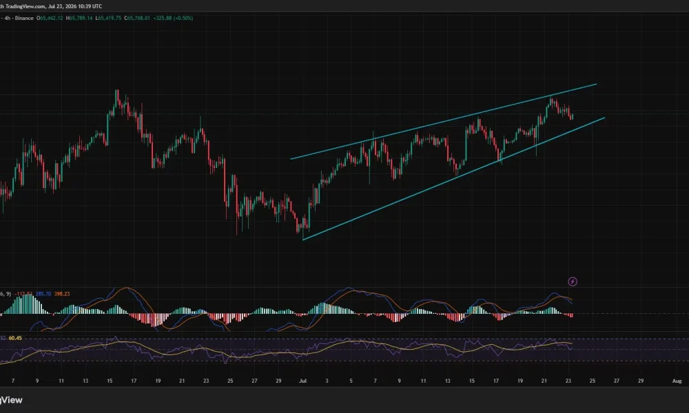 Bitcoin 4-hour chart shows price testing the lower boundary of a rising channel near $65,000.