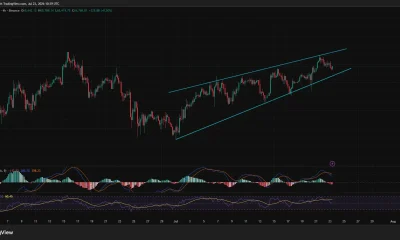 Bitcoin 4-hour chart shows price testing the lower boundary of a rising channel near $65,000.