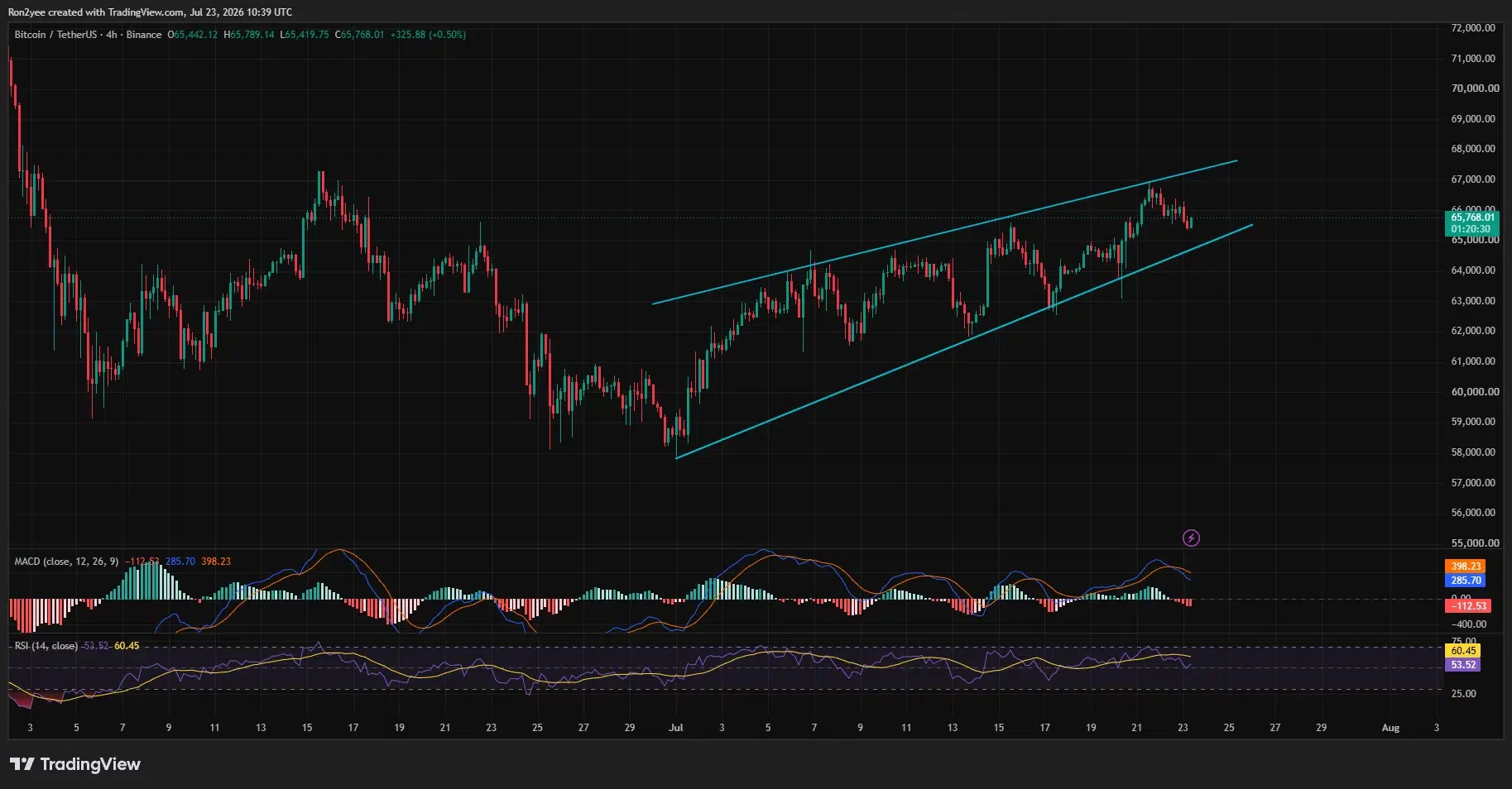 Bitcoin 4-hour chart shows price testing the lower boundary of a rising channel near $65,000.