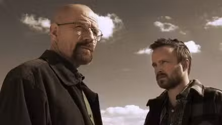 Bryan Cranston as Walter White and Aaron Paul as Jesse Pinkman in Breaking Bad.
