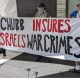 Chubb lobby protesters lod a banner saying Chubb Insures Israel's War Crimes