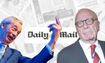 Nigel Farage of Reform uK, Rupert Murdoch, and the Daily Mail logo